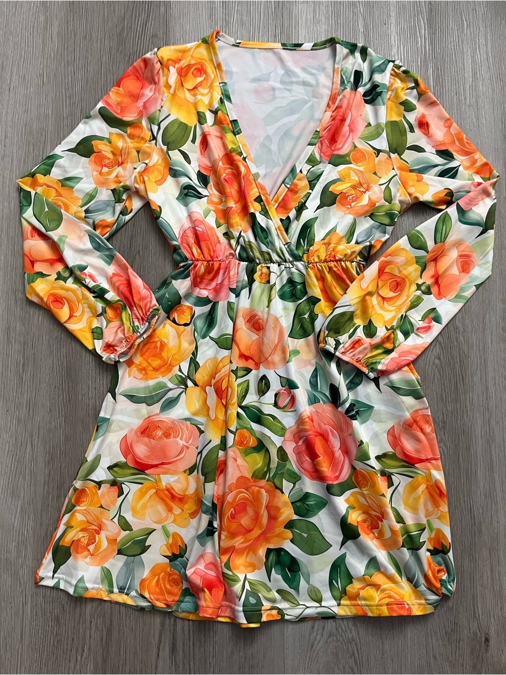 🔥330–Floral Wrap-Style Dress with Yellow & Coral Roses